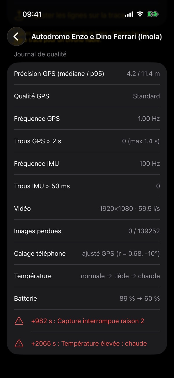 Journal de qualité : précision GPS, fréquences GPS et capteurs, vidéo, calage du téléphone, température et batterie