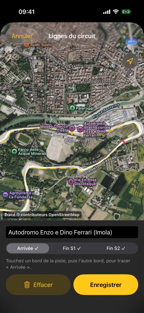 Lignes du circuit : la trace de la session sur la vue satellite, avec la ligne d'arrivée et les secteurs